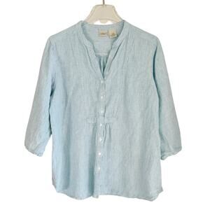 L.L. Bean 100% Linen Tunic Shirt Sz Large Blue White Coastal Preppy 3/4 Sleeve